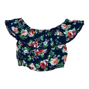 Ambiance Crop Top Womens Small Navy Blue Floral Off Shoulder Ruffle Boho Summer